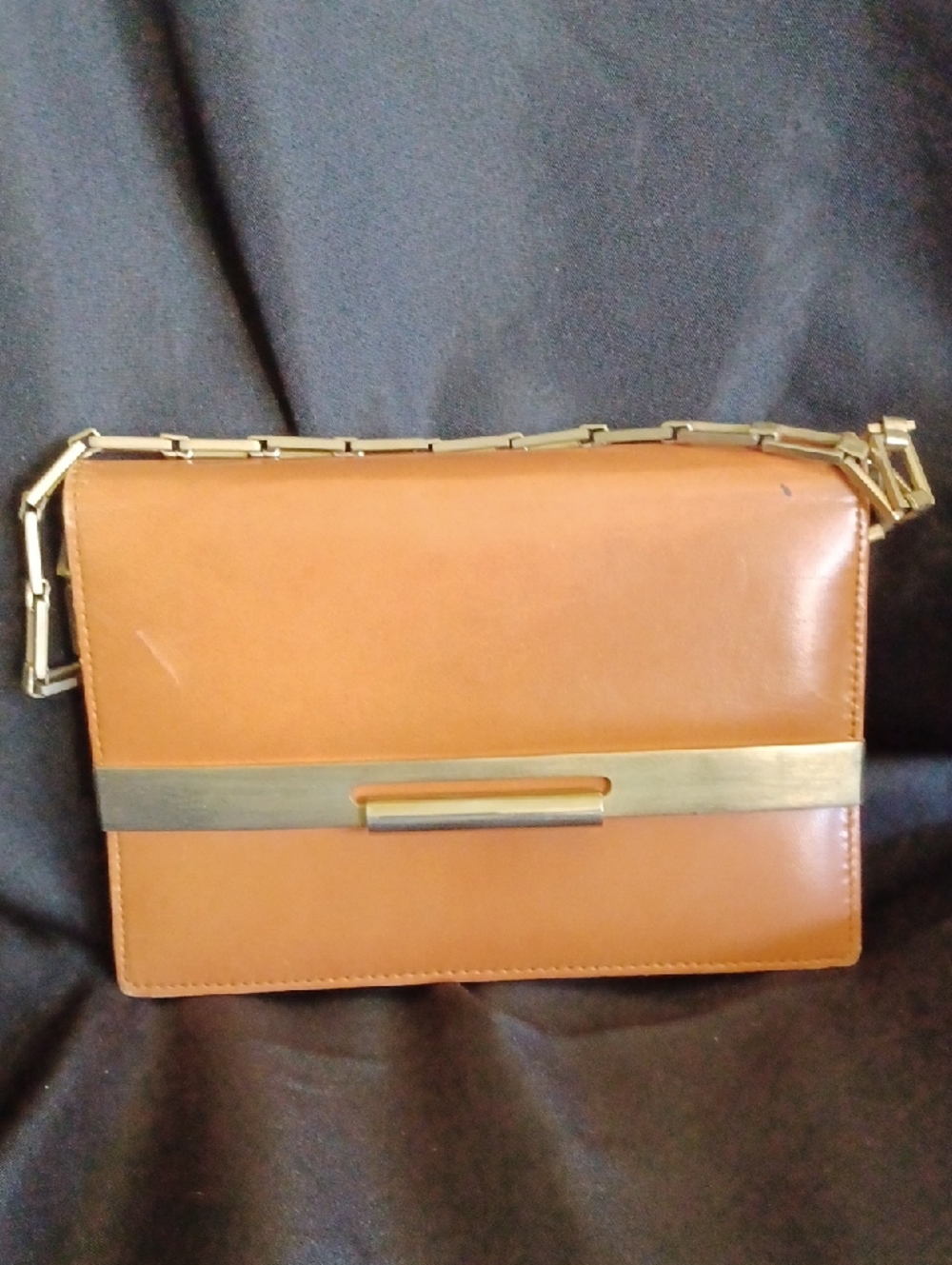 Classic Tan Satchel with Gold Bar Accent